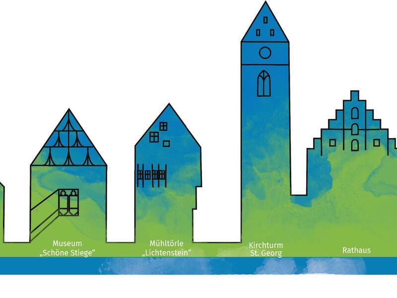 von Hand gezeichnete Stadtsilhouette in grün-blau. Abgebildet sind die Weilerkapelle, der Klosterturm, das Spital, das Museum, Kirchturm St. Georg, das Rathaus und der Zellemeesturm