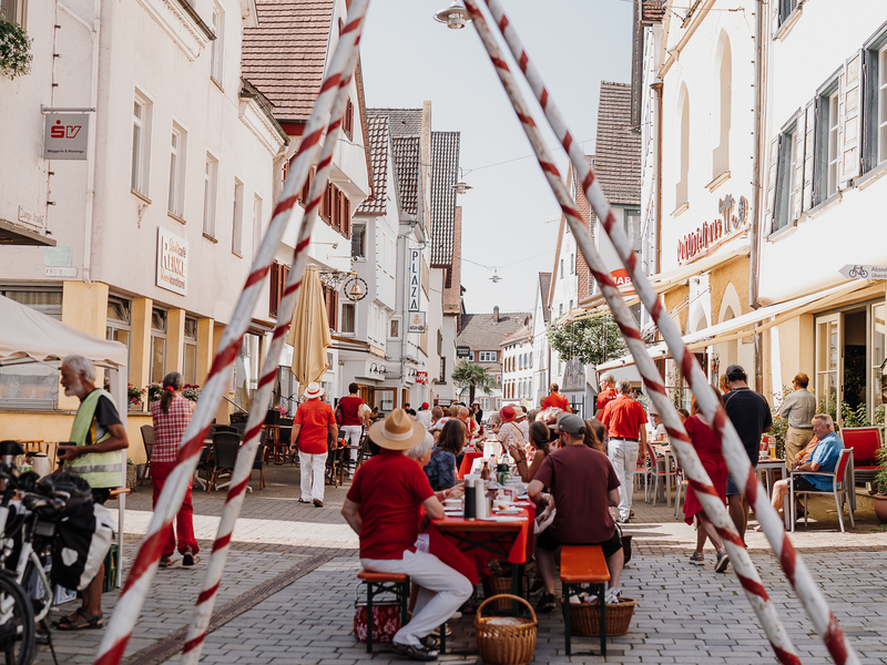 Meterlange Biertischgarnitur in der Altstadt mit Rot-Weiß gekleideten Gästen zum Rot-Weiß-Kulturfrühstück