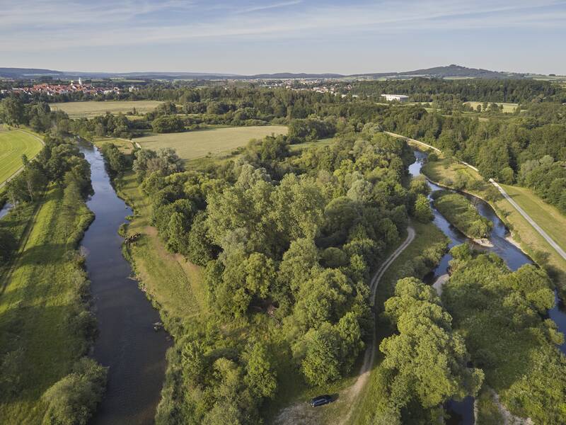 Luftaufnahme des Daturschutzgebiets Ofenwisch mit Donauansicht