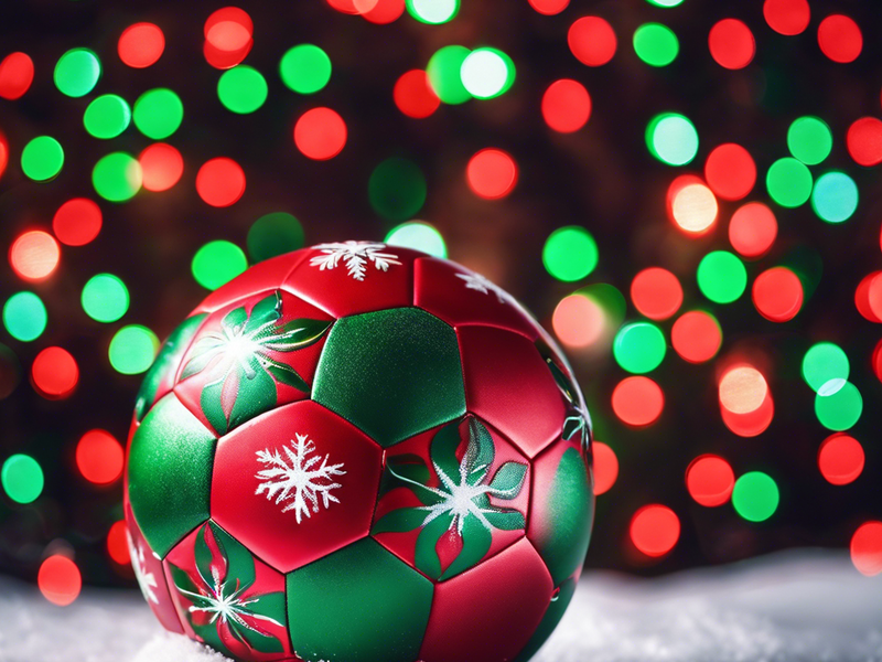 Weihnachtskugel in grün und rot in Form eines Fußballs. Im HIntergrund leuchten grün und blaue Punkte